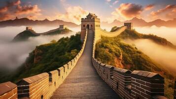 Amazing, Great Wall of China misty morning sunrise. Generative Ai photo
