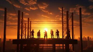 Silhouette of construction worker team standing orders for worker team to work safety on high at construction site. Generative Ai photo