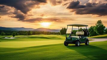 A Golf car, Golf cart car in fairway of golf course with fresh green grass field and cloud sky and tree at sunset. Generative Ai photo