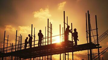 Silhouette of construction industry engineer standing orders for worker team to work safety on high at construction site. Generative Ai photo