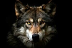 Adult wolf on black background. Generative AI. photo