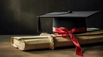 A mortarboard and graduation scroll, tied with red ribbon, on a stack of old battered book with empty space to the left. Generative Ai photo