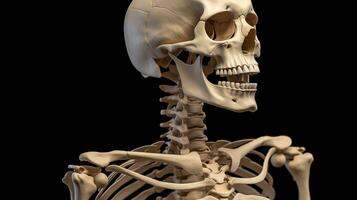 Human skeleton, black background isolate. Scientific body anatomy, medical exhibit. AI generated. photo