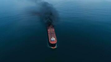 Ecological disaster, oil spill in ocean near tanker, top view. Commercial delivery. AI generated. photo