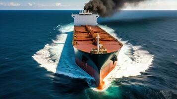 Burning oil cargo tanker in the ocean, sea. Export import of goods. Commercial delivery. AI generated. photo