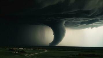 destructivo tornado embudo, natural cataclismo desastre. ai generado. foto