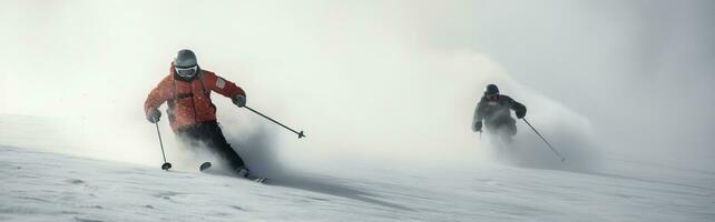 Group of skiers athletes compete going down from ski mountain. AI generated. photo