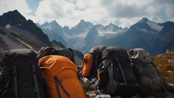 Tourist backpack isolate, mountain peaks background, outdoor activities. AI generated. photo