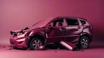 Car accident, broken damaged body metal. Life insurance, technology. Crimson car Crimson background. AI generated. photo