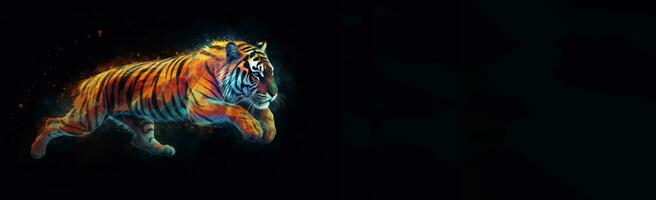 Neon abstract graphic contours of a tiger in a jump, a wild animal. Dark background isolate. AI generated. photo