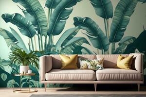 Banana trees, mural art, interior decor, soft hue tropical leaf wallpaper design photo