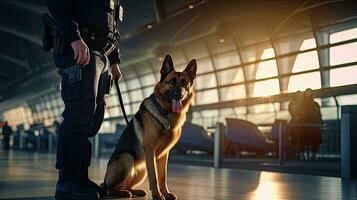Officer with drug sniffing dog at the airport or train station, customs or police, baggage inspection and immigration control upon arrival. Police dog. Sniffer Dog. Generative Ai photo
