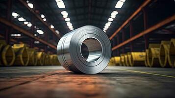 Rolls of galvanized steel sheet inside the factory. Galvanized steel sheet in warehouse. Generative Ai photo