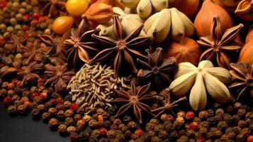 Traditional spices anise, star anise. Ingredients for cooking many dishes. Spices and herbs for cooking. Generative Ai photo