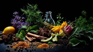 Colorful and aromatic herbs and spices on a dark background. Generative Ai photo