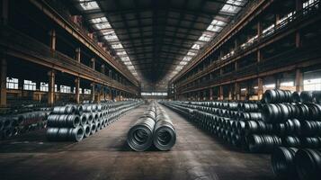 Amount of steel coils in warehouse, Heavy industries. Generative Ai photo