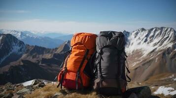 Tourist backpack isolate, mountain peaks background, outdoor activities. AI generated. photo