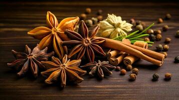 Traditional spices anise, star anise. Ingredients for cooking many dishes. Spices and herbs for cooking. Generative Ai photo