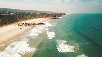 Tourist exotic beach from height, romantic landscape. Sea waves wash shore. photo