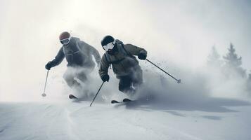 Group of skiers athletes compete going down from ski mountain. AI generated. photo