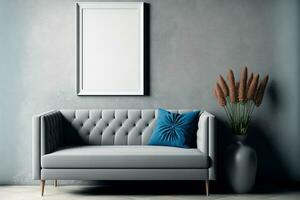 Mockup of an empty white poster frame on a gray concrete wall next to a blue sofa and a vase in a contemporary interior design environment photo