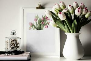 Decorated interior of a home. mockup of a light background with a white desk calendar and pink tulips in a vase photo