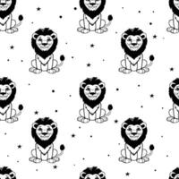 Seamless pattern of image cute lion. Outlined in black on a white background. vector