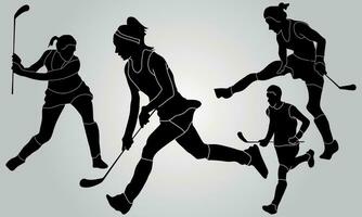 Vector hockey player stick field set of silhouettes