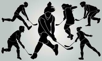 Vector hockey player stick field set of silhouettes