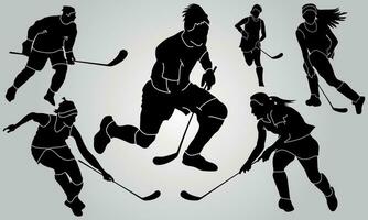 Vector hockey player stick field set of silhouettes