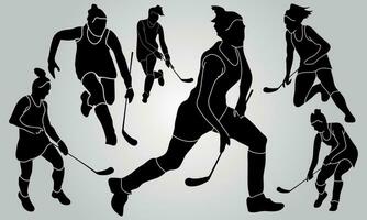 Vector hockey player stick field set of silhouettes