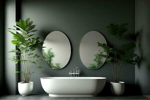 Front view on dark bathroom interior with empty white poster, bathtub, two round mirrors with double sink, grey walls, houseplant, wooden floor. Concept of minimalist design. Mock up photo