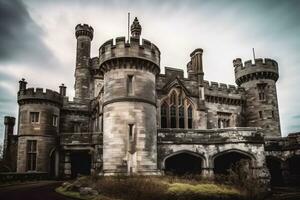 un antiguo castillo con múltiple ventanas, rodeado por arboles y montañas foto