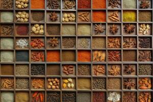 wooden spice box filled with a variety of aromatic spices photo