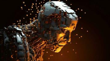 Artificial intelligence. Scattering head profile of a chromed robot, orange background. AI generated. photo