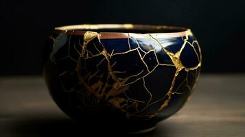 Kintsuki, Japanese pottery. Utensils glued with gold are not concept of constancy, imperfection of world. AI generated. photo