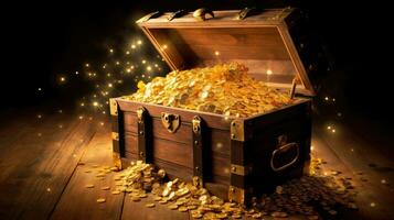 Open treasure chest filled with gold coins. Generative Ai photo