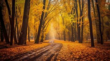 Autumn forest scenery with road of fall leaves, warm light illumining the gold foliage. Footpath in scene autumn forest nature. Generative Ai photo