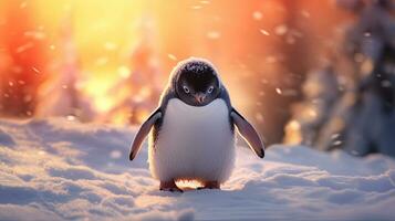 un pingüino en un Nevado paisaje. juguetón, contento animal. generativo ai foto