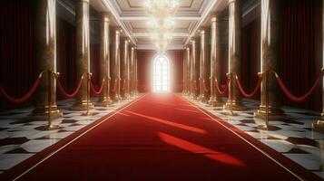 Pathway for triumph is a path delimited by an illuminated red carpet, red velvet rope barrier and golden supports. The footpath starts in front of you and leads you to a white open door. Generative Ai photo