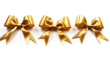 Set of decorative golden bows with horizontal yellow ribbon isolated on white background. Generative Ai photo