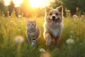 Cheerful of furry friends cat and dog walking in a summer meadow. Generative Ai photo