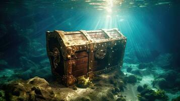 Treasure chest underwater in ocean. Generative Ai photo