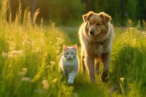 peludo amigos gato y perro caminando en un verano prado. generativo ai foto