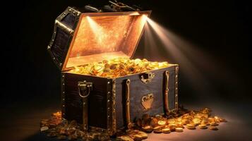 Open treasure chest with shinny gold. Generative Ai photo