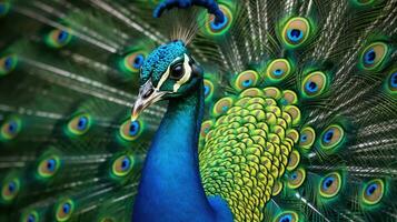 A Peacock with fanned tail. Generative Ai photo