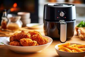 Air fryer with fried breaded chicken on the table in the kitchen. Generative Ai photo