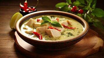 Thai food, Green curry chicken with coconut curry on the wooden floor background. Generative Ai photo