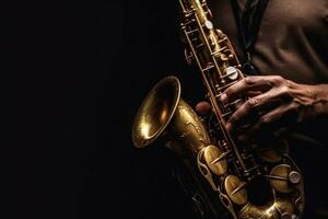 cerca arriba de saxofón jugador manos saxofonista jugando jazz música. Alto saxófono musical instrumento en negro antecedentes. generativo ai foto