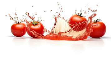 Splashes of tomato juice isolated on a white background. Generative Ai photo